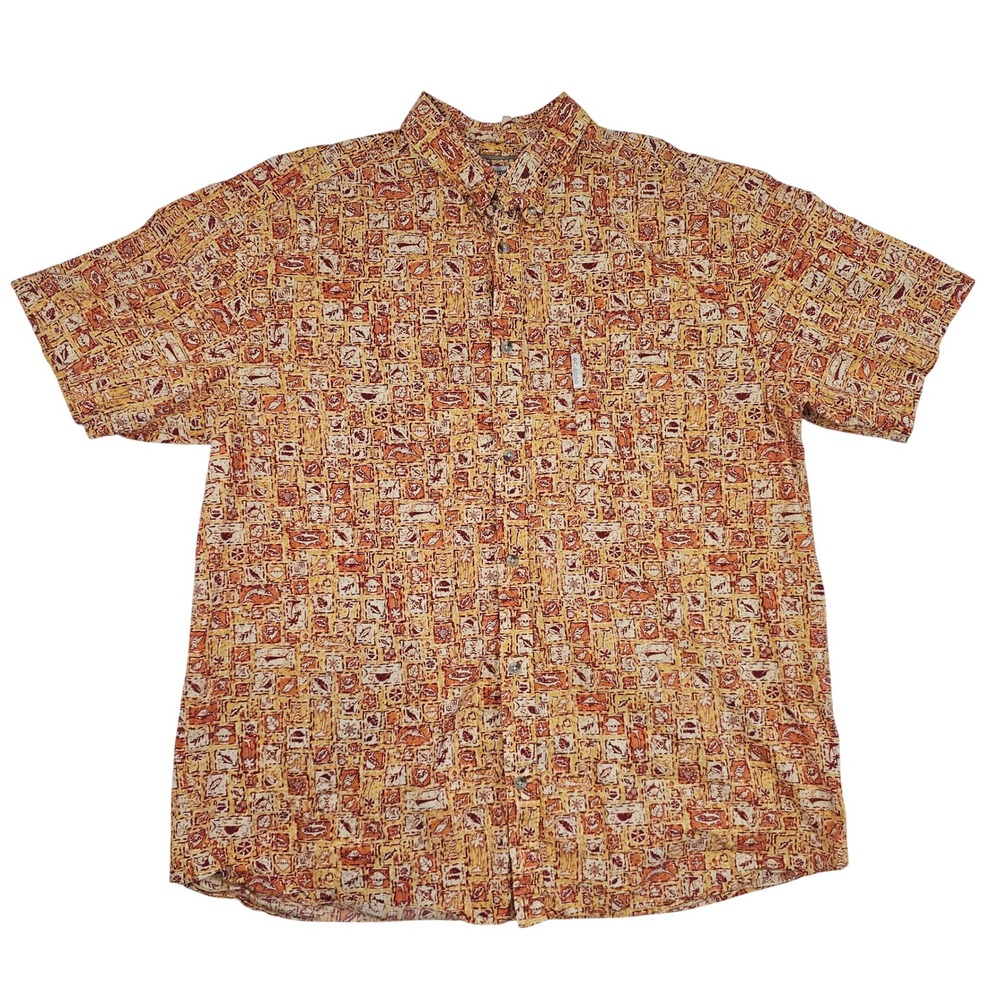 Columbia Sportswear Mens XXL Orange Yellow Fishing Print Short Sleeve Shirt